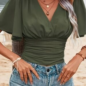 Olive Green V-Neck Ruched Waist Top